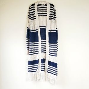 Open Front Open Knit Long Fringe Hem Cardi…